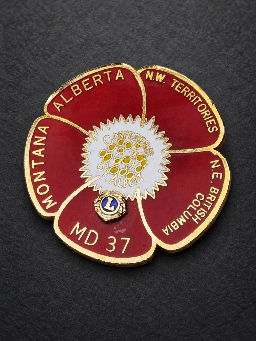 Vintage Lions Club MD 37 St Albert Alberta Montana NWT Enamel Flower Pin